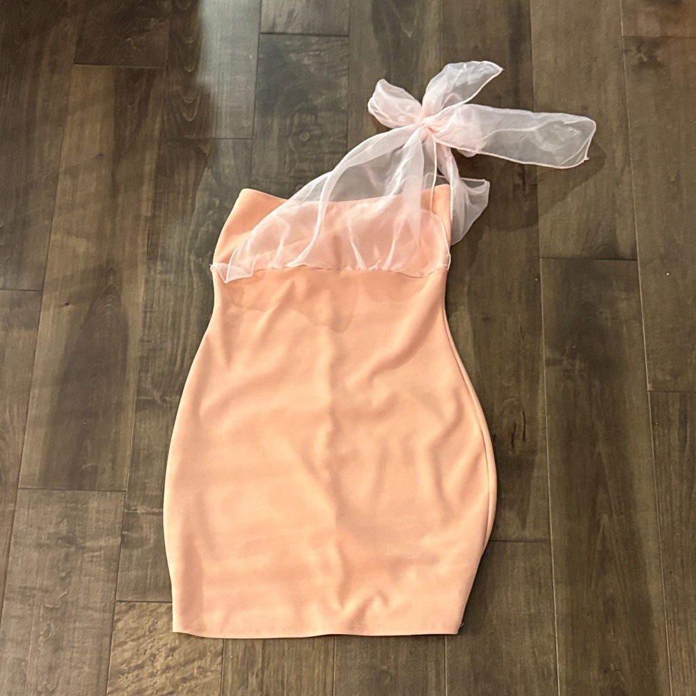 Blue Blush Peach Strapless Dress with Sheer Bow